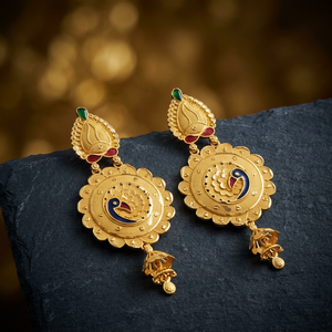 Ensemble de boucles d'oreilles pendantes Jhumka en or plaqué 14K, 18K, 24K, motif paon traditionnel (Mor), pour mariée, vente en gros - Product Image 5