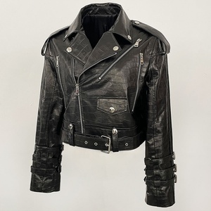 Blouson moto en cuir véritable noir gaufré avec fermeture éclair, manches longues, col ouvert, style court pour femme, automne - Product Image 1