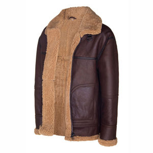 Chaqueta bomber clásica de piel de oveja 100% auténtica, color marrón, talla grande para hombre, para invierno, con forro de piel de borrego cálida. - Product Image 2