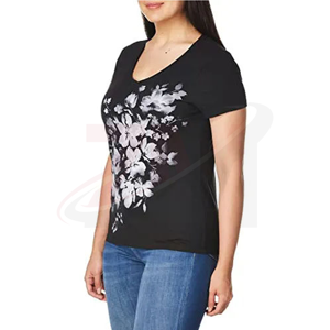 Camiseta de Manga Corta con Cuello en V y Estampado Floral 100% Negro, Estilo Casual, Corte Regular, para Primavera/Verano - Product Image 1