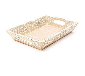 Mango Wood Andal Serving Tray with Handcard Design Whitewash Finished <b>Rustic</b> <b>Coffee</b> <b>Table</b> Kitchen - Product Image 2