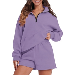 Ensemble deux pièces en polaire surdimensionné pour femmes, couleur violette, avec col zippé et poches, vêtements décontractés pour la maison, style automne - Product Image 1