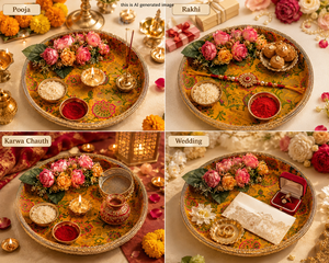 10 Inch Floral Decorative Thali for Aarti Pooja Rakhi Karwa Chauth Wedding Festive Decoration Traditional Indian Pooja Platter - Product Image 2