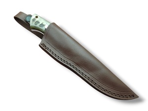 Couteau de chasse artisanal en acier inoxydable à pointe tombante avec manche en corne de bélier et os, et étui en cuir, lame fixe pleine longueur de 10 pouces - Product Image 6