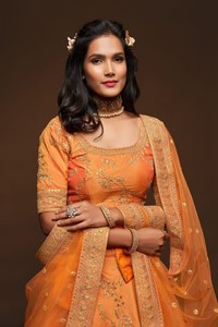 <b>Orange</b> Embroidered Wedding Lehenga Choli Art Silk <b>Saree</b> Set Bride Festival Formal Wear Rivaayat House In-Stock Items - Product Image 3