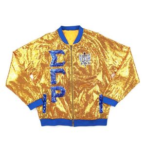 เสื้อแจ็คเก็ตปักเลื่อมสีทอง Sigma Gamma Rho สำหรับทุกเพศ เสื้อผ้าชมรมกรีก ประดับประกายวิบวับ แจ็คเก็ตแฟชั่นพรีเมียมสำหรับงานปาร์ตี้ สั่งทำได้ - Product Image 1