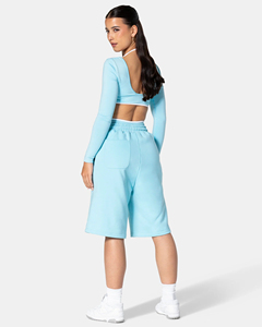 Shorts taille haute pour femmes, bleu ciel, avec lignes contrastées, poches, taille élastique, style sportif, en tissu tricoté respirant, vente en gros, OEM - Product Image 5