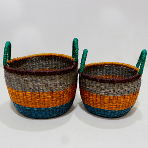 Panier de rangement en rotin tissé à la main coloré avec poignées vertes, forme de bol multi-usages - Product Image 5