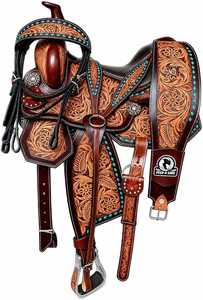 Selle Western en cuir véritable marron à motifs floraux, avec arceau en bois, pour la course de barils, portable, prête à être expédiée - Product Image 4