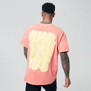 Men's Coral T-<b>Shirt</b> With Yellow Puff Print Logo Back Design Regular Fit Short Sleeve Casual Style 100% Cotton Jersey O-Neck - Product Image 4