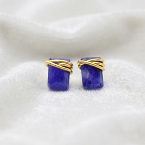 Ratnarachit Handmade Wire Wrapped <b>Blue</b> Sapphire <b>Stud</b> <b>Earrings</b> 14K Gold Plated Brass Baguette Cut Minimalist Women's Gift - Product Image 2
