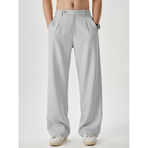 Men's <b>Light</b> Gray Wide Leg Pleated <b>Trousers</b> High Waist Formal Anti-Wrinkle Polyester Pants Autumn Style - Product Image 1