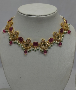 Parure de collier ovale plaqué or avec rubis et Kundan, ornements délicats perlés, style ethnique indien, pour soirée, collier ras-du-cou - Product Image 3