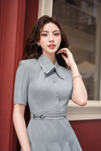 Robe chemise à rayures fines pour femmes, coupe évasée, avec ceinture amovible, manches courtes, mini-robe de bureau, tenue de travail élégante LUCAS - Product Image 4