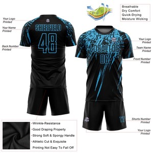 Maillot de football court personnalisé noir et bleu ciel par sublimation, respirant, séchage rapide, ensemble uniforme de football, tenue d'équipe, vêtements de sport pour hommes - Product Image 2