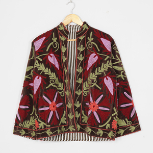 Women Velvet Embroidered <b>Jacket</b> Mandarin Collar Floral Boho Style Autumn Coat Handmade Suzani <b>Pattern</b> Full Sleeve - Product Image 6