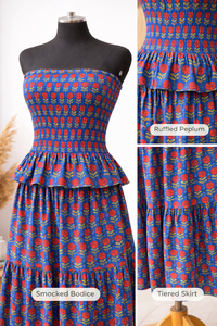 ชุดเสื้อครอปพิมพ์ลายดอกไม้พร้อมกระโปรงระบาย ชุดเซ็ตสองชิ้นสำหรับผู้หญิง เสื้อครอปสม็อค กระโปรงหลายชั้น ชุดฤดูร้อนทำมือ - Product Image 5