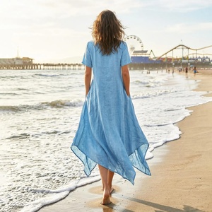 <b>Loose</b> Fit Maxi Linen <b>Dress</b> With Pockets Crew Neck Short Sleeve Asymmetrical Hem Boho Summer Casual <b>Dress</b> For Women - Product Image 2