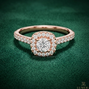 Anillo de Compromiso Personalizado de Oro Rosa de 18K con Halo Redondo y Diamante Cultivado en Laboratorio con Banda de Micro Pavé para Mujer - Product Image 1