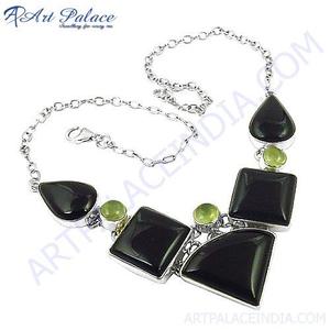 Geometric Statement Necklace with <b>Black</b> Onyx and Peridot in 925 Silver Link Chain for Women's Everyday Wear - Product Image 2
