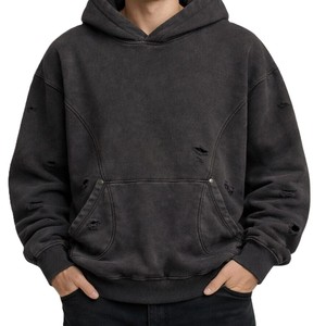 Sudadera con Capucha para Hombre, Corte Regular, Estilo Desgastado, 100% Algodón, Forro Polar, Color Negro Sólido, Transpirable, Secado Rápido, Ropa Casual Urbana - Product Image 4