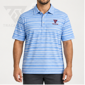 Trackstar <b>Men's</b> Blue <b>White</b> Fine Horizontal Stripe <b>Polo</b> Shirt Short Sleeve Button Collar Casual Golf Shirt Custom Logo - Product Image 1