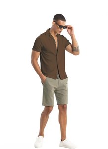 Mens Corduroy Camp Collar <b>Shirt</b> With Short Sleeves Solid Texture <b>Button</b> Front Regular Cut Travel Resort Casual Summer Outfit - Product Image 1