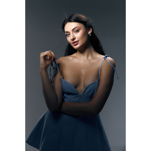 เดรสทรงเอไลน์แบบผูกไหล่ กระโปรงบานทรงสเก็ตเตอร์ สายผูกโบว์ ตะเข็บแบบเจ้าหญิง เดรสสั้นทรงเอไลน์ กระโปรงบานทรงสเก็ตเตอร์ สีมิดไนท์สกาย - Product Image 3