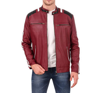 <b>Men's</b> PU <b>Leather</b> Moto <b>Jacket</b> Stand Collar Zipper Closure Red Autumn Style Regular Fit - Product Image 6