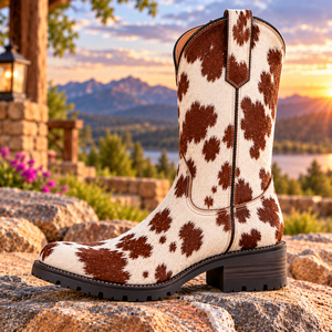 Bottes de cowboy en cuir véritable faites à la main avec motif en cuir de vache |   Bottes Western en cuir de vache |   Bottes western faites à la main - Product Image 2