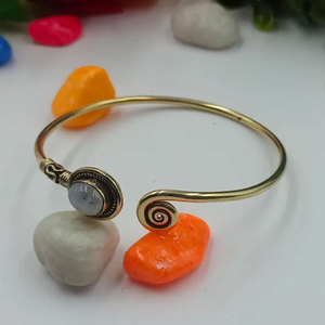 Rainbow <b>Moonstone</b> Spiral Brass Bangle-Handmade Adjustable Open Cuff <b>Bracelet</b> for Women-Artisan Boho Jewelry Gift Rhodium Plated - Product Image 2