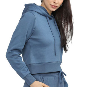 Sudadera Corta con Capucha para Mujer, Color Azul Sólido, Mezcla de Algodón, Informal, Manga Larga, para Otoño - Product Image 4