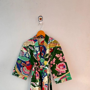 Kimono indien fait main à imprimé bloc, ouvert sur le devant, pour l'été et le printemps, lot en gros, robe kimono indienne en coton imprimé avec ceinture - Product Image 1
