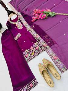 NUEVO SALWAR KAMEEZ DE DISEÑO MODERNO PARA FIESTAS, CON TOP, PALAZZO Y DUPATTA, TRABAJO EN RELIEVO, MANGAS COMPLETAS - Product Image 5