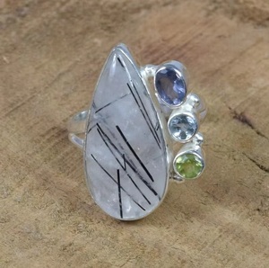 Wholesale Natural <b>Black</b> Rutile 925 Sterling Silver Multi Gemstone <b>Ring</b> with Iolite and Peridot Handmade Elegant Jewelry - Product Image 2