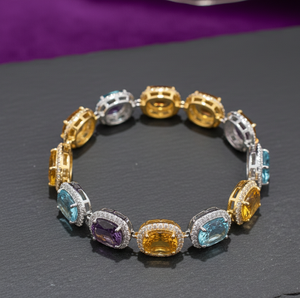 Brazalete de Plata de Ley 925 Chapado en Oro de 18K con Circonitas Cúbicas, Hidro Azul y Amatista Azul, Talla 2.6, para Boda - Product Image 5