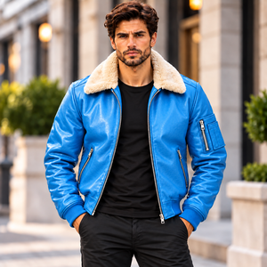 Blouson aviateur en cuir premium pour homme, col doublé en fourrure de mouton véritable, fermeture éclair, manteau d'hiver tendance/vêtement d'extérieur de luxe - Product Image 1