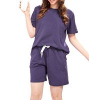 Ensemble short 2 pièces pour femme, couleur unie, coton, décontracté, coupe ample, t-shirt à col rond avec poche, short à cordon de serrage, vêtements de printemps et d'été
