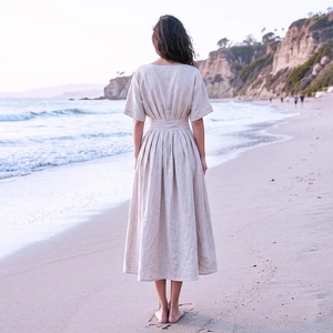 Robe midi tendance à col en V, manches courtes, 100% coton, avec poches, décontractée, grande taille pour femmes - Product Image 3