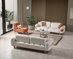 Fauteuil d'appoint minimaliste avec structure en bois massif et revêtement en tissu bouclé texturé pour salon - Product Image 5