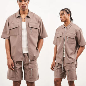 Men's Solid Color Cargo Shorts Set Short Sleeve Zipper Hooded Collar Regular Fit Breathable Summer Casual Streetwear Wear - Product Image 1
