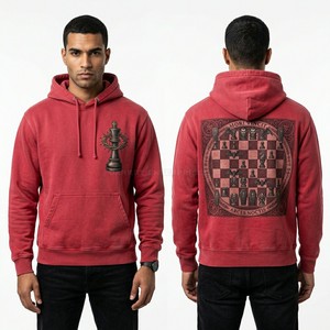 Sweat à capuche graphique personnalisé pour homme, rouge délavé, style streetwear, imprimé échiquier vampire, en molleton épais - Product Image 1