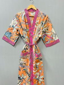 Women's Bohemian Style Luxury Cotton <b>Bath</b> Robe Floral Printed Handmade <b>Light</b> Weight Kimono Casual Front Logo Full Length Summer - Product Image 3