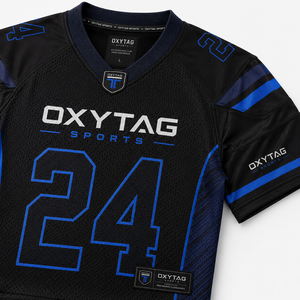 Maillot de football américain Oxytag Sports pour homme, noir et bleu, col en V, manches courtes, tissu respirant, taille L, prix de gros - Product Image 6