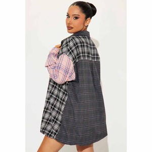 Oversized <b>Plaid</b> Patchwork Flannel <b>Shirt</b> With Turn Down Collar Full Sleeve Casual Top For Women Autumn Style - Product Image 2