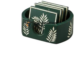 Indian Supplier Offers Handmade Green & <b>White</b> Bone Inlay 3mm Thick Square Luxury <b>Coaster</b> Set with Holder Floral Pattern - Product Image 1