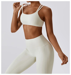 Conjunto Deportivo para Mujer, Sujetador Deportivo con Tirantes Cruzados Blancos, Leggings de Cintura Alta, Transpirable, Sin Costuras, Ropa Deportiva para Yoga - Product Image 1