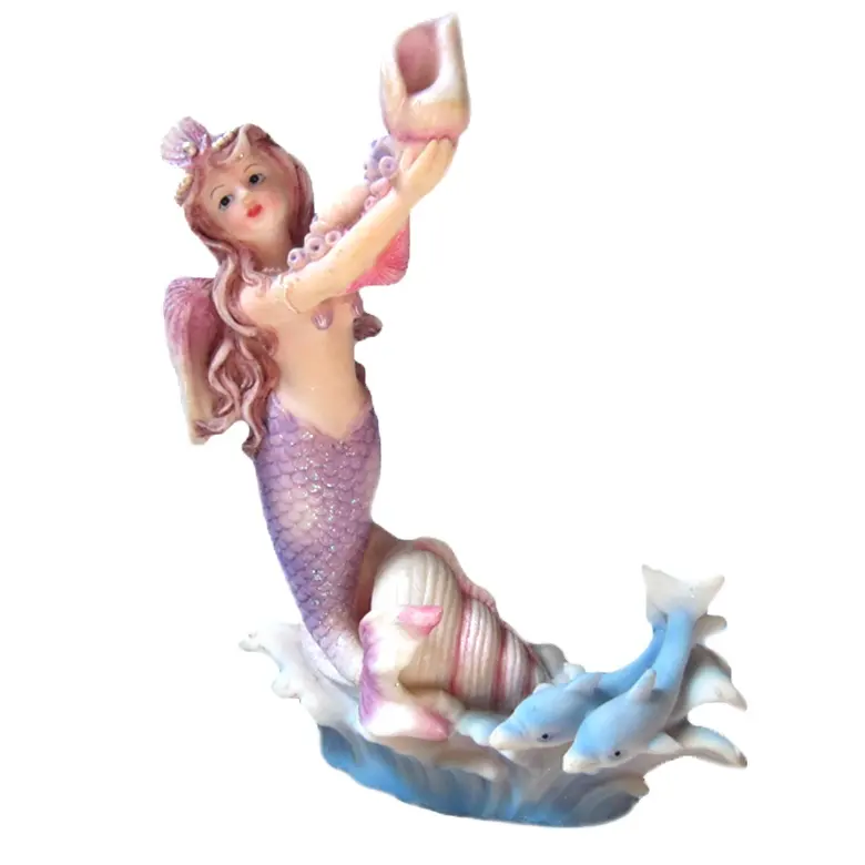 Lure Nude Mermaid holding shells Dolphins swimming around Fantasy Statue