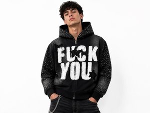 Sweat à capuche pour homme OEM personnalisé, en polaire solide effet délavé soleil automnal, style streetwear fonctionnel, délavé à l'acide, avec rivets et strass, grammage lourd, 100% - Product Image 1
