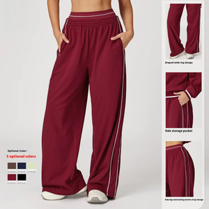 Pantalon large taille haute pour femme, couleur unie, coupe ample, taille élastique, respirant, décontracté, longueur totale, en tissu éponge, style automne - Product Image 3